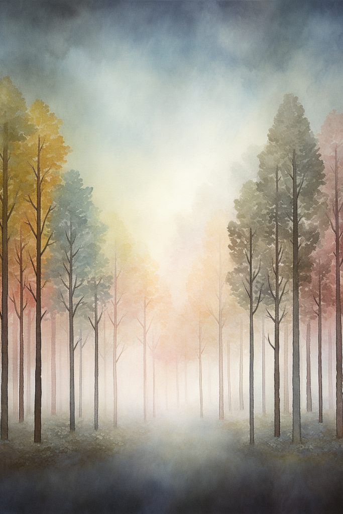 A painting of a forest with fog and trees.