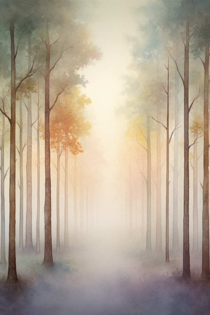 A painting of a foggy forest.