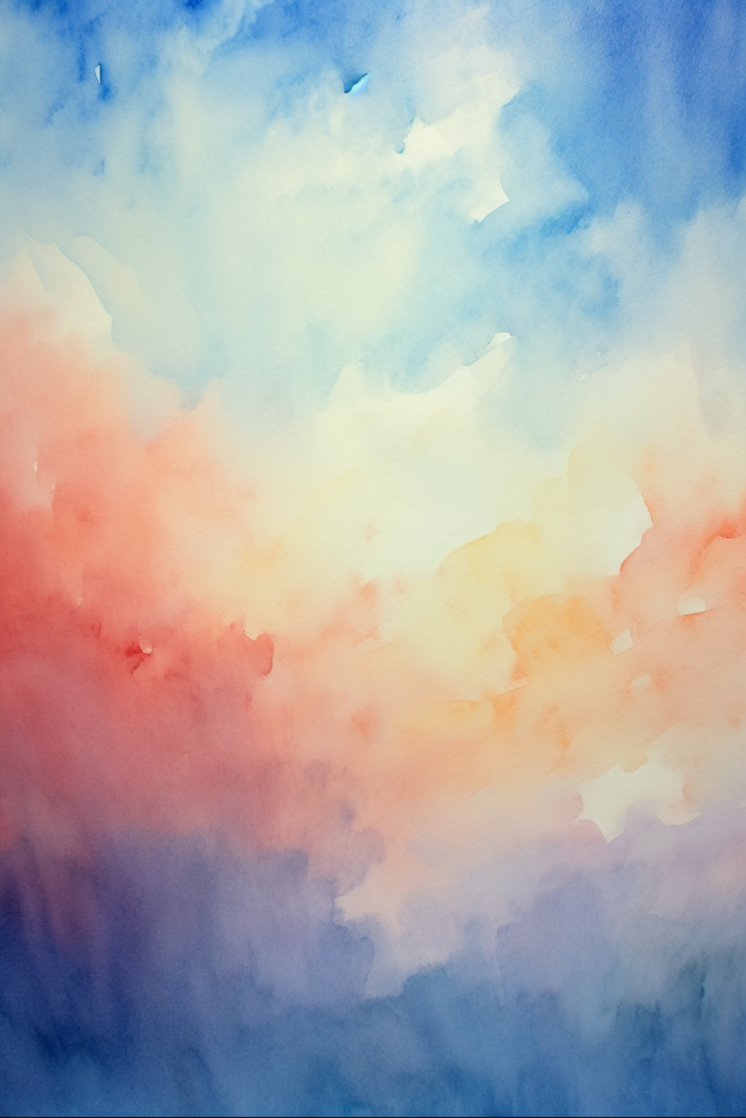 A watercolor painting of a blue, orange, and red sky.