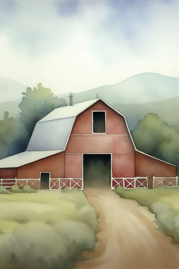 A watercolor painting of a red barn in the countryside.