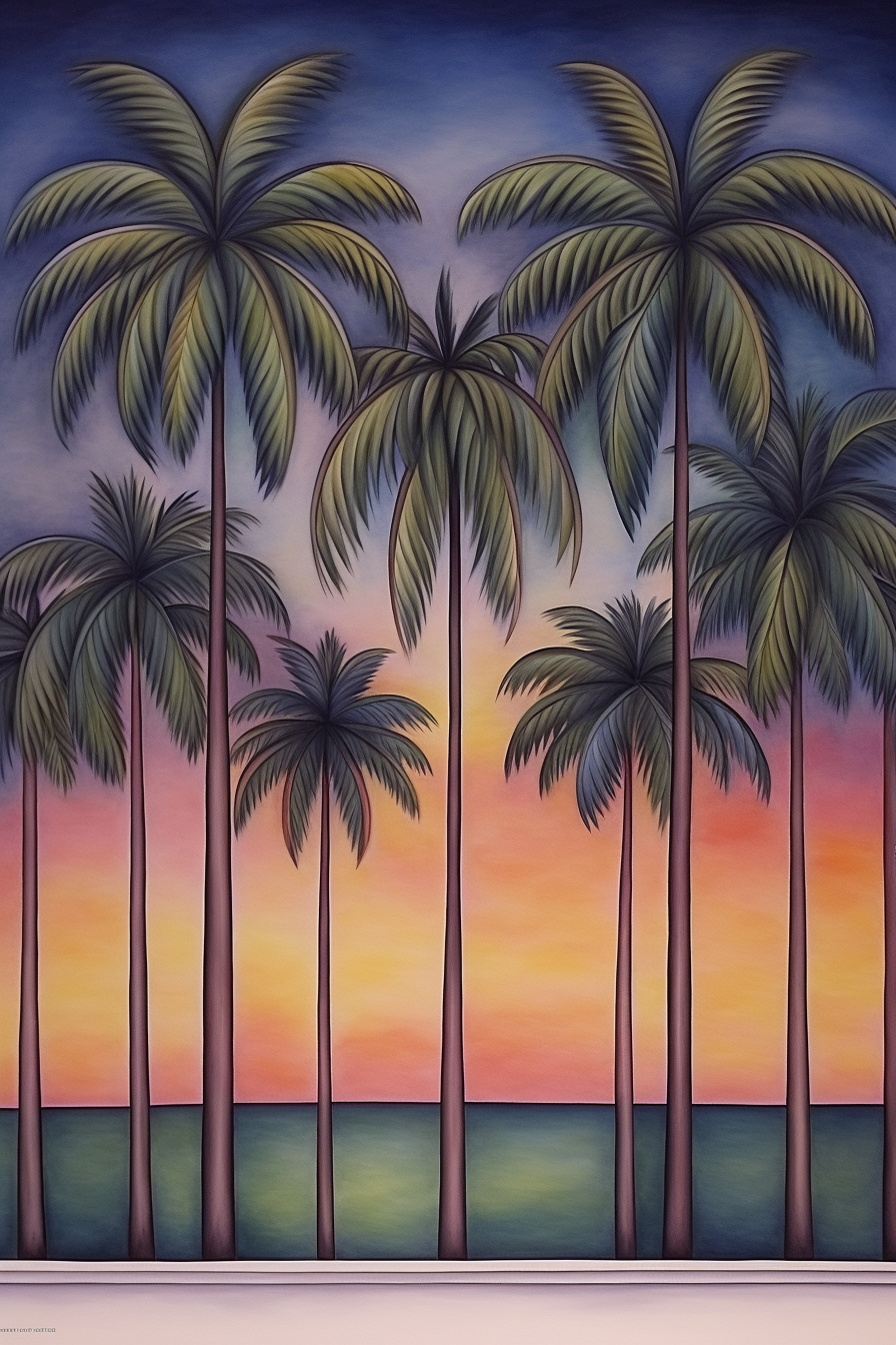 A painting of palm trees and a sunset.