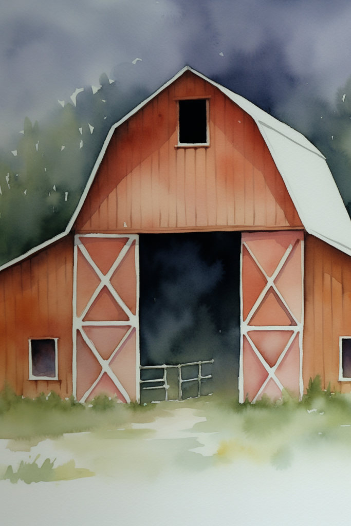 A watercolor painting of a red barn.