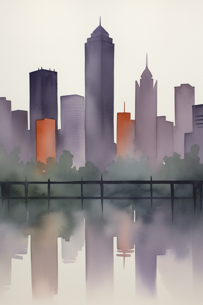 A watercolor painting of a city skyline over a body of water.