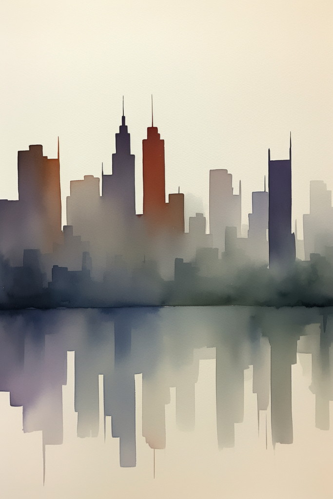 A watercolor illustration of a city skyline.