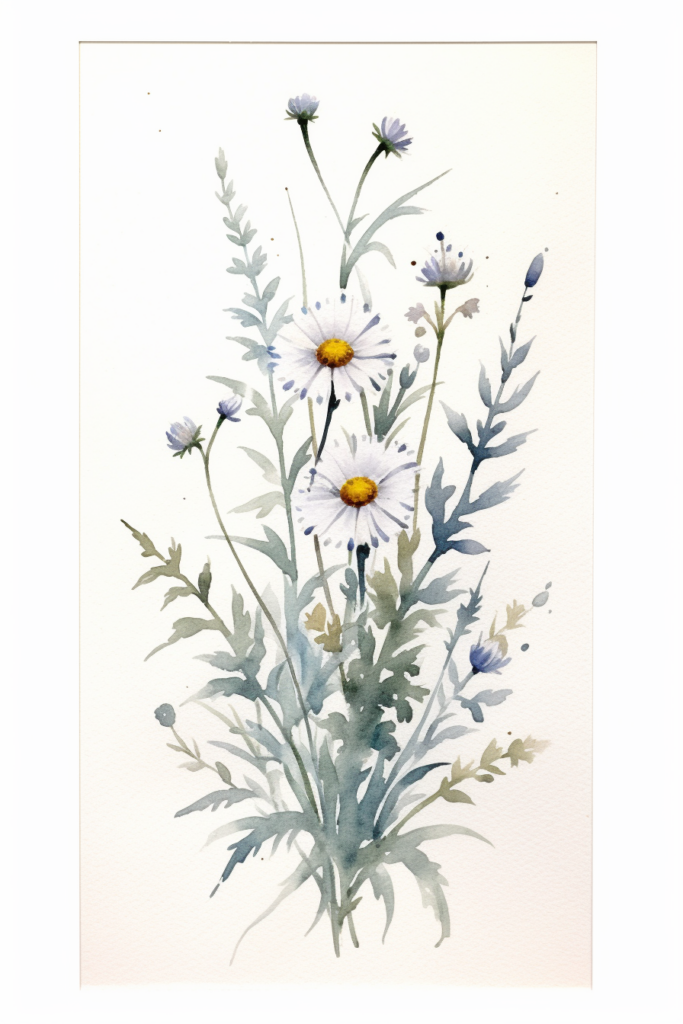 A watercolor painting of daisies on a white background.