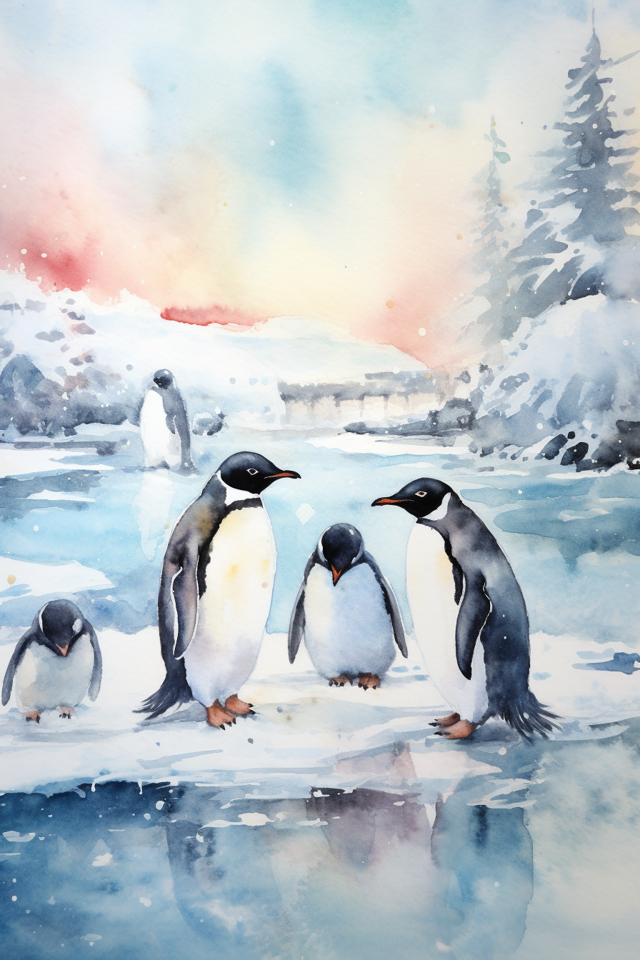 A watercolor painting of penguins on the ice.