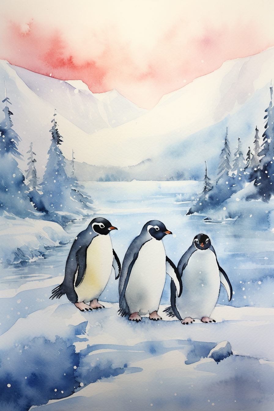 A watercolor painting of three penguins in the snow.