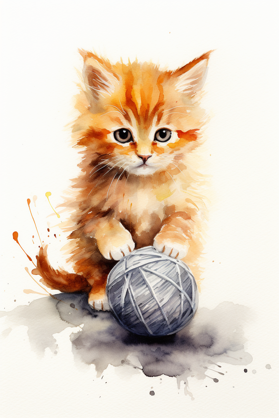 A watercolor painting of a kitten with a ball of yarn.
