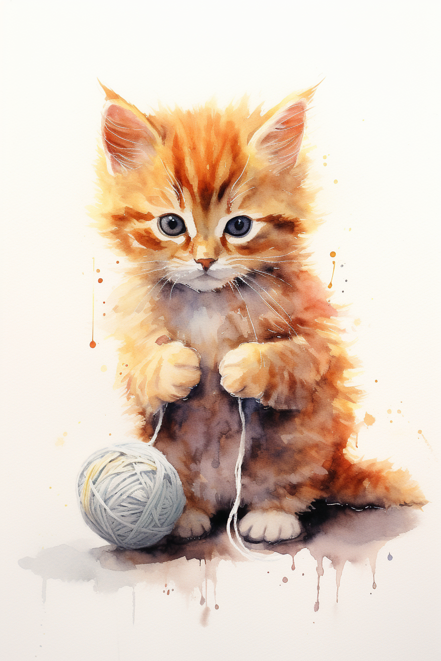 A watercolor painting of an orange kitten with a ball of yarn.
