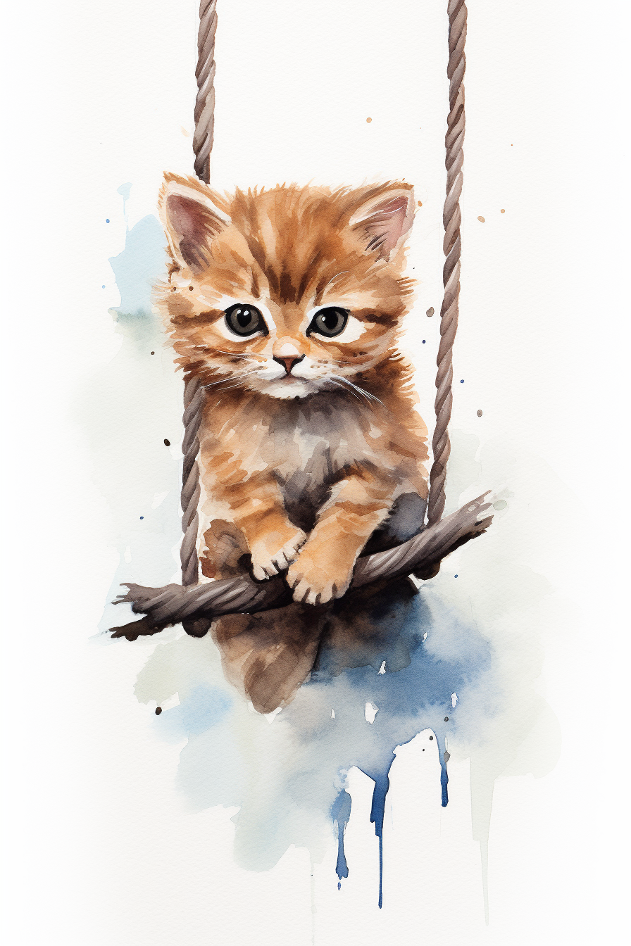 A watercolor painting of a kitten sitting on a swing.