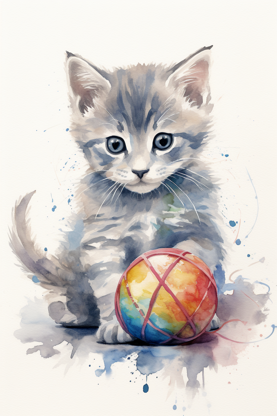 A watercolor painting of a kitten with an easter egg.