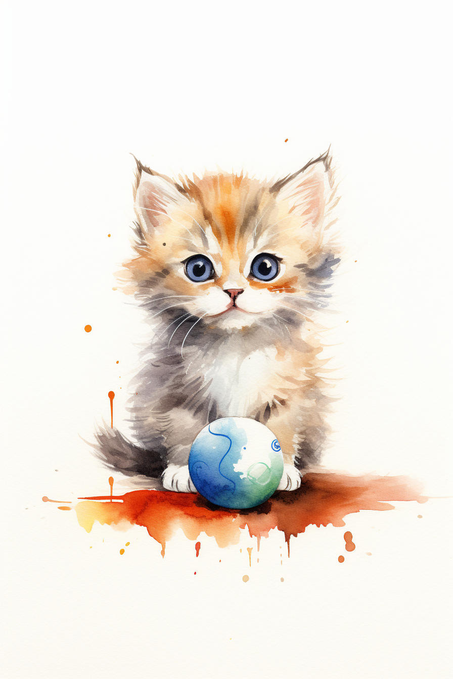 A watercolor painting of a kitten with a blue ball.