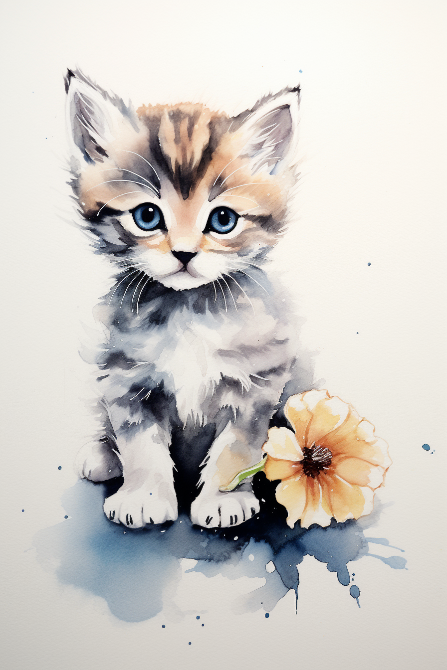 A watercolor painting of a kitten with a flower.