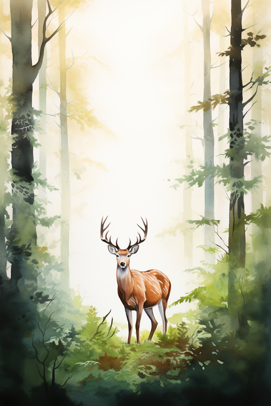 A watercolor painting of a deer in the forest.