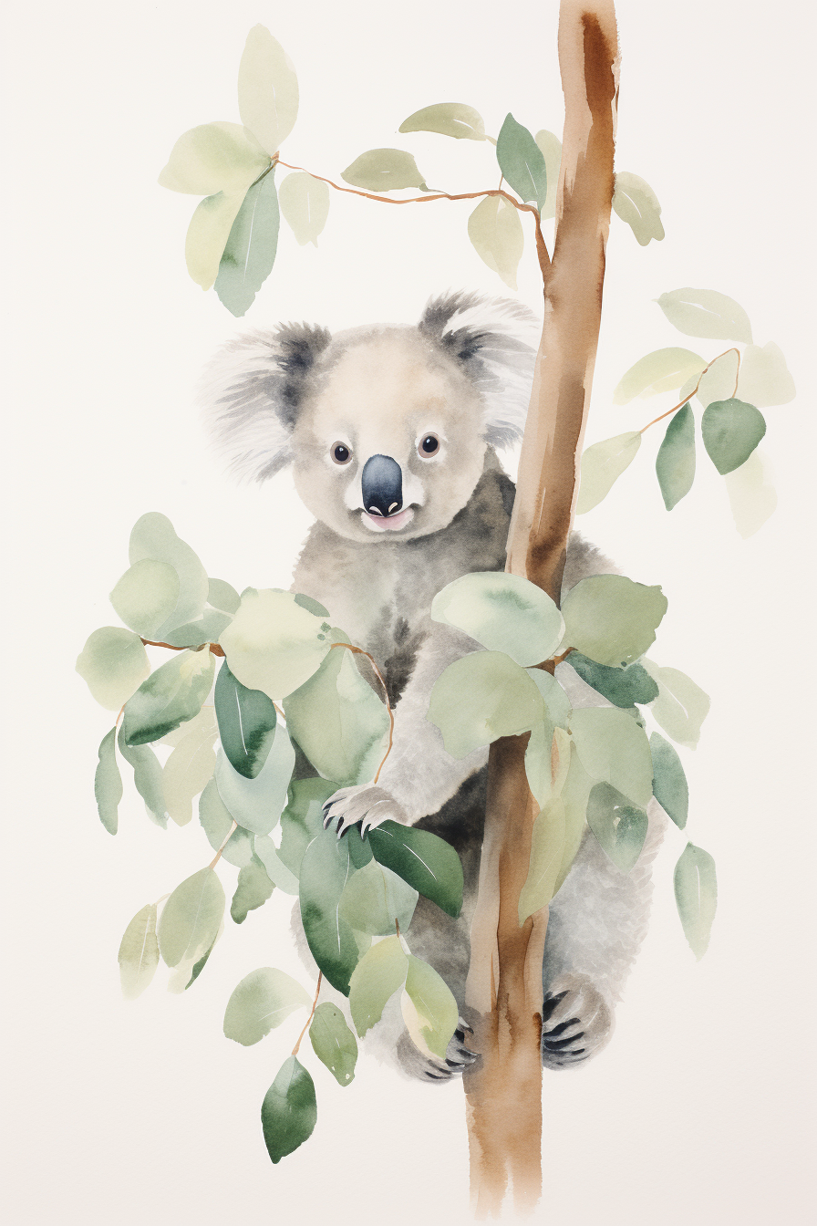 A watercolor painting of a koala in a tree.