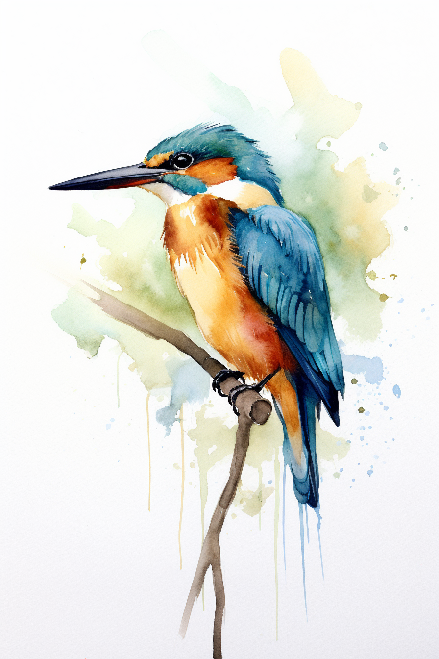 A watercolor painting of a kingfisher sitting on a branch.