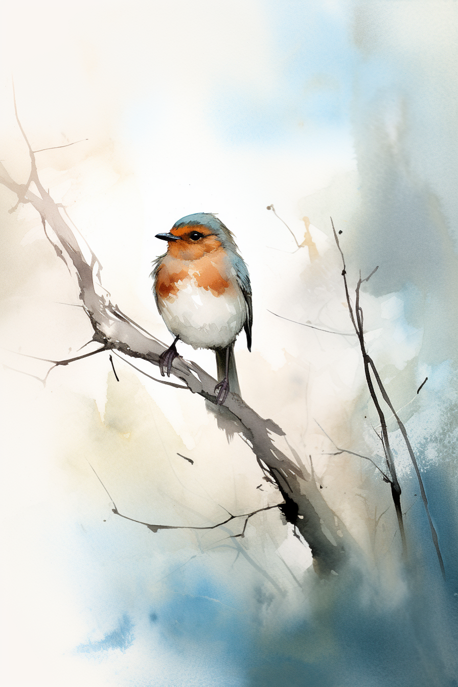 A watercolor painting of a bird perched on a branch.