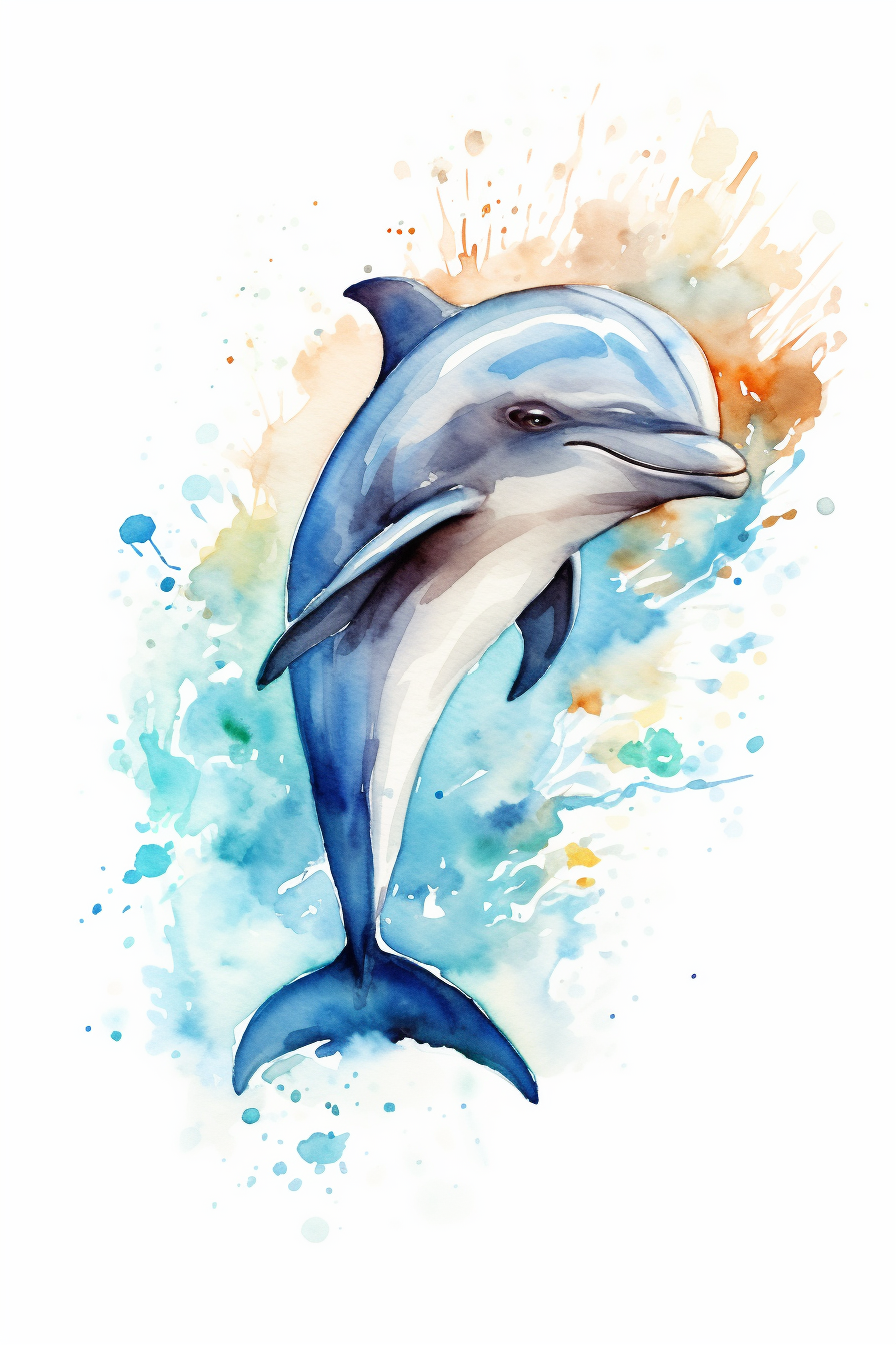 A watercolor painting of a dolphin on a white background.