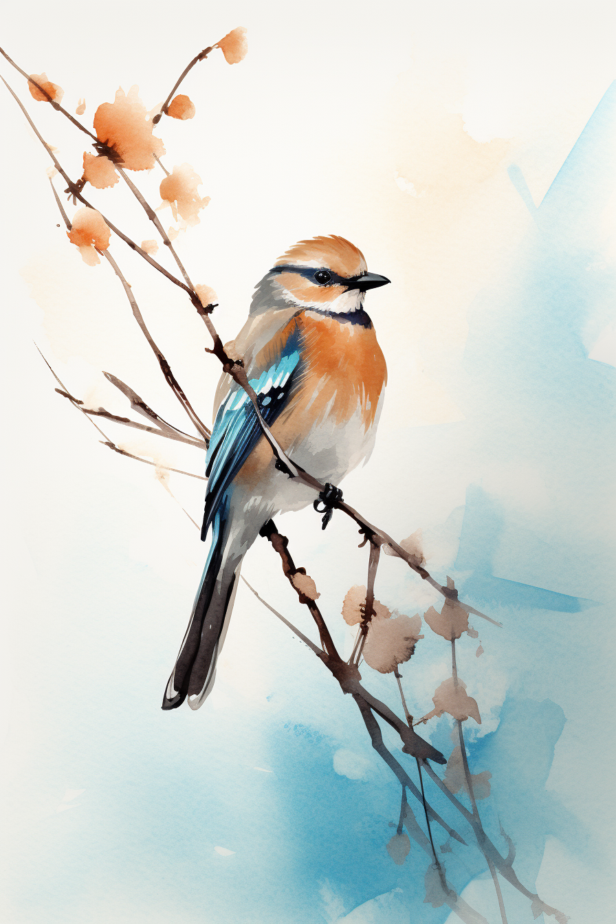 A watercolor painting of a bird perched on a branch.