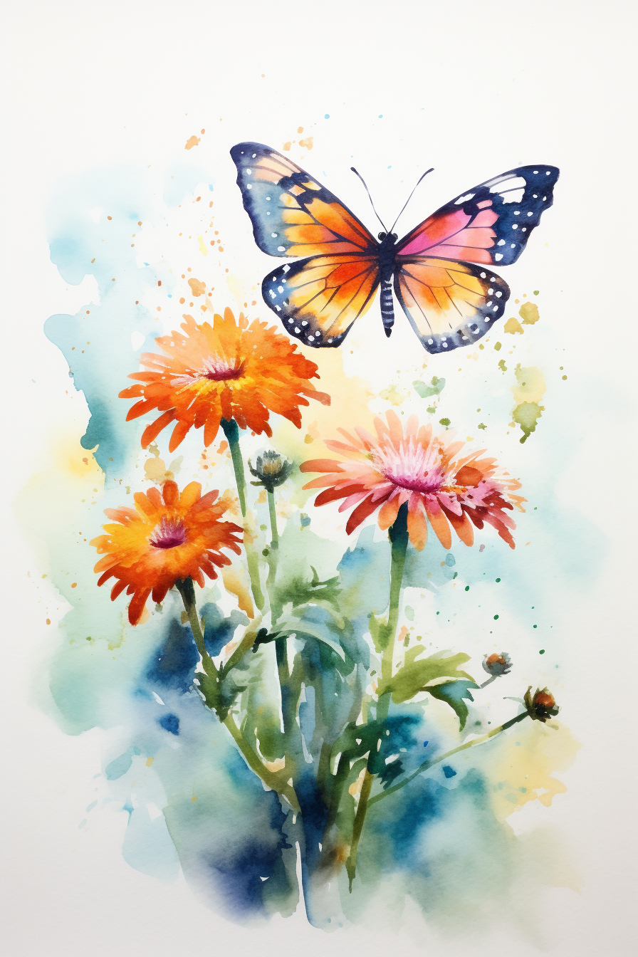 A watercolor painting of a butterfly and flowers.