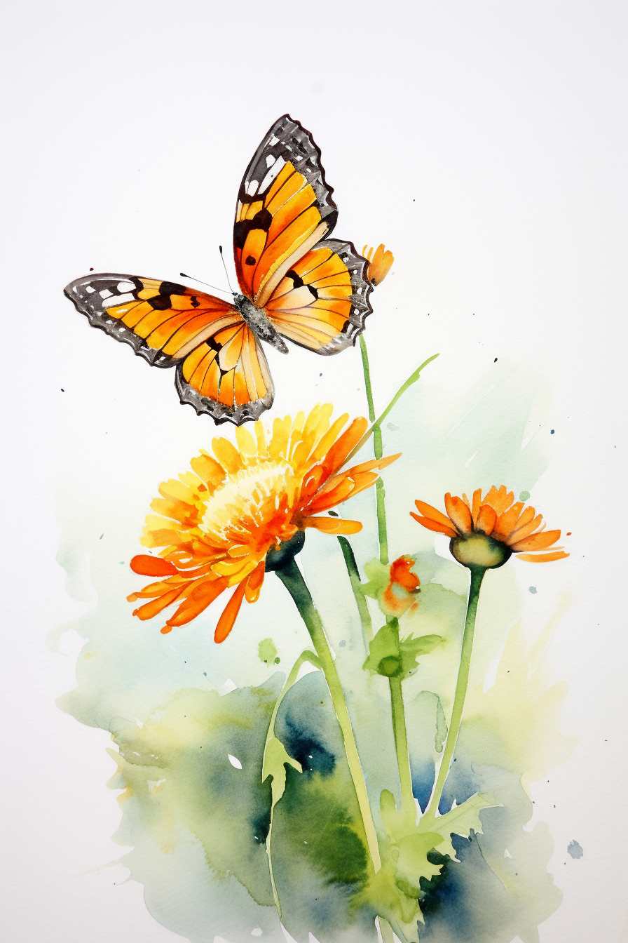 A watercolor painting of a butterfly on a flower.