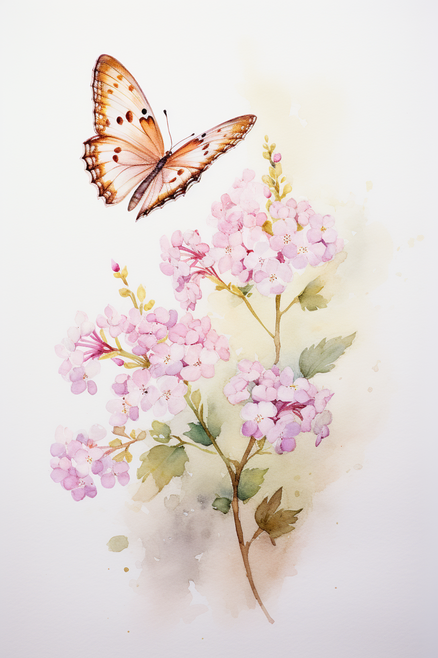 A watercolor painting of a butterfly on a pink flower.