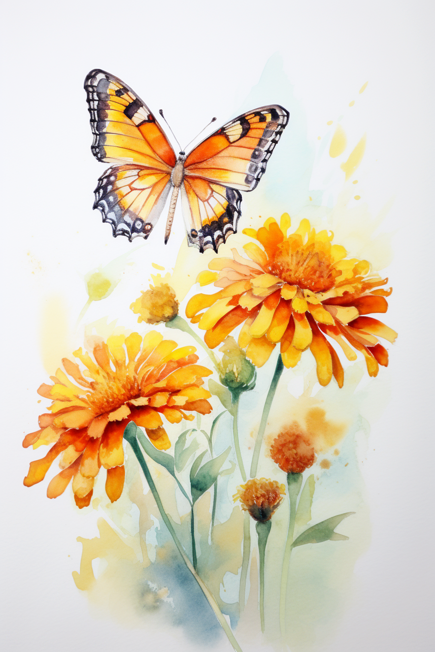 A watercolor painting of a butterfly flying over orange flowers.