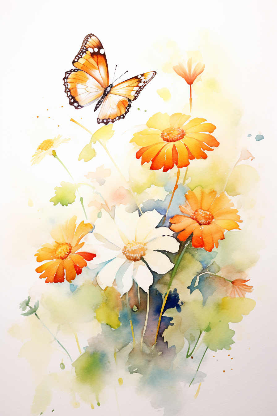 A watercolor painting of flowers and a butterfly.