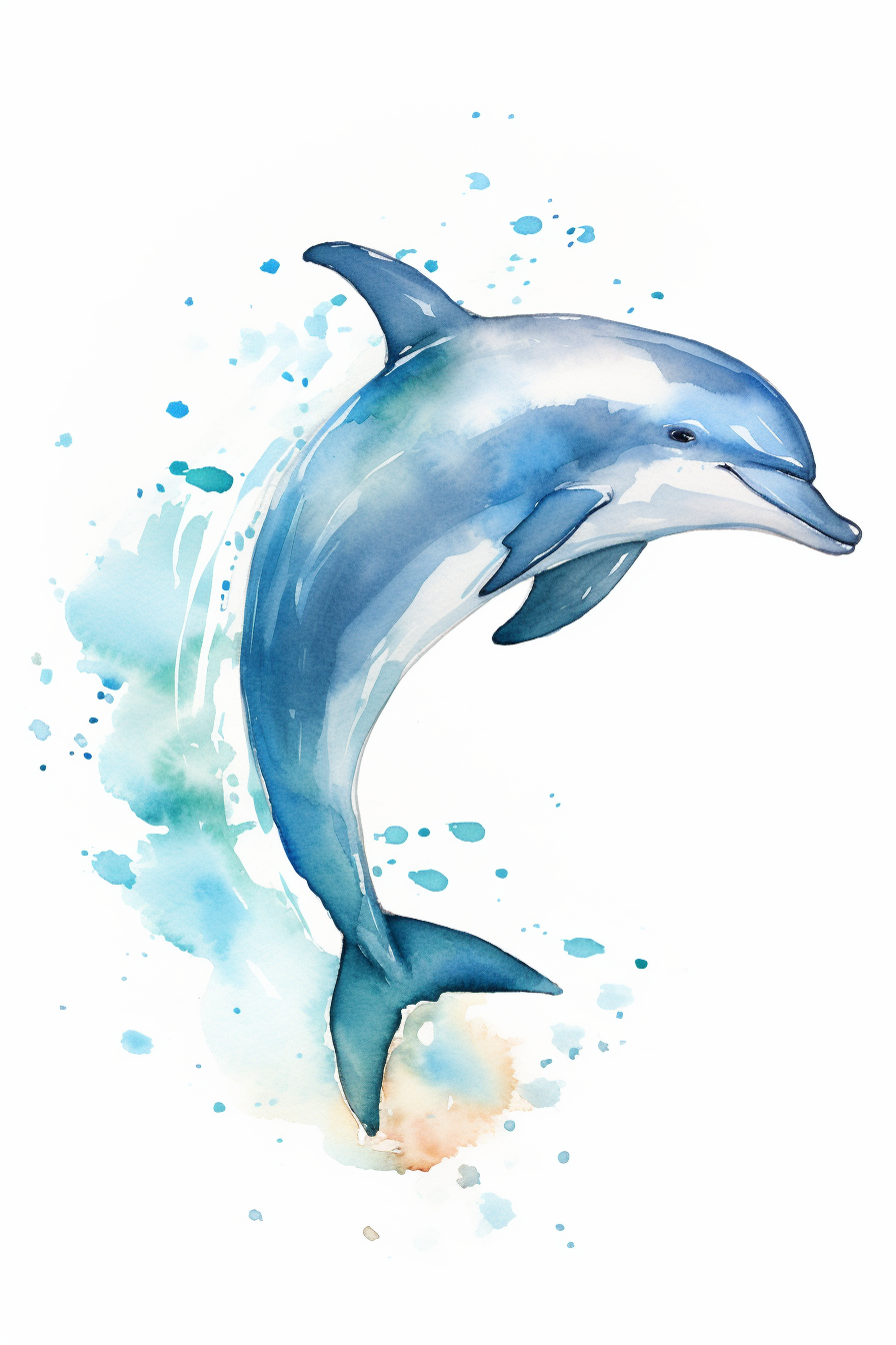 An illustration of a dolphin with watercolor splashes on a white background.
