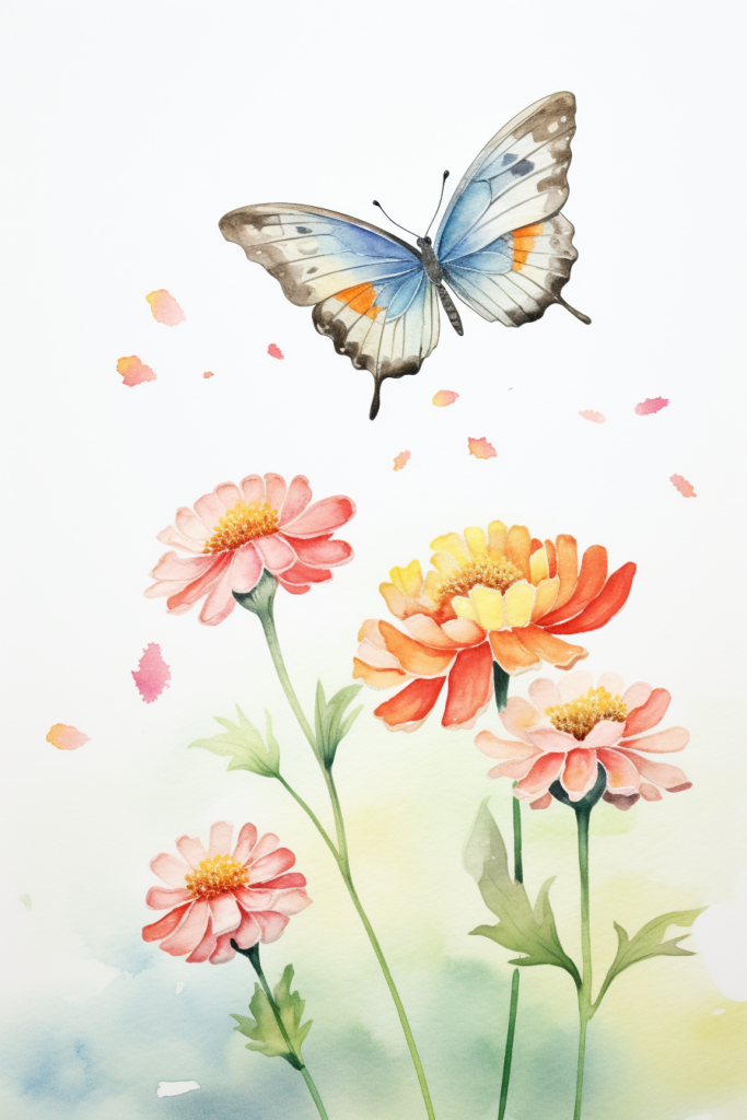 A watercolor painting of a butterfly and flowers.