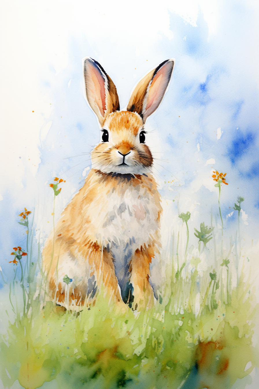 A watercolor painting of a rabbit sitting in the grass.