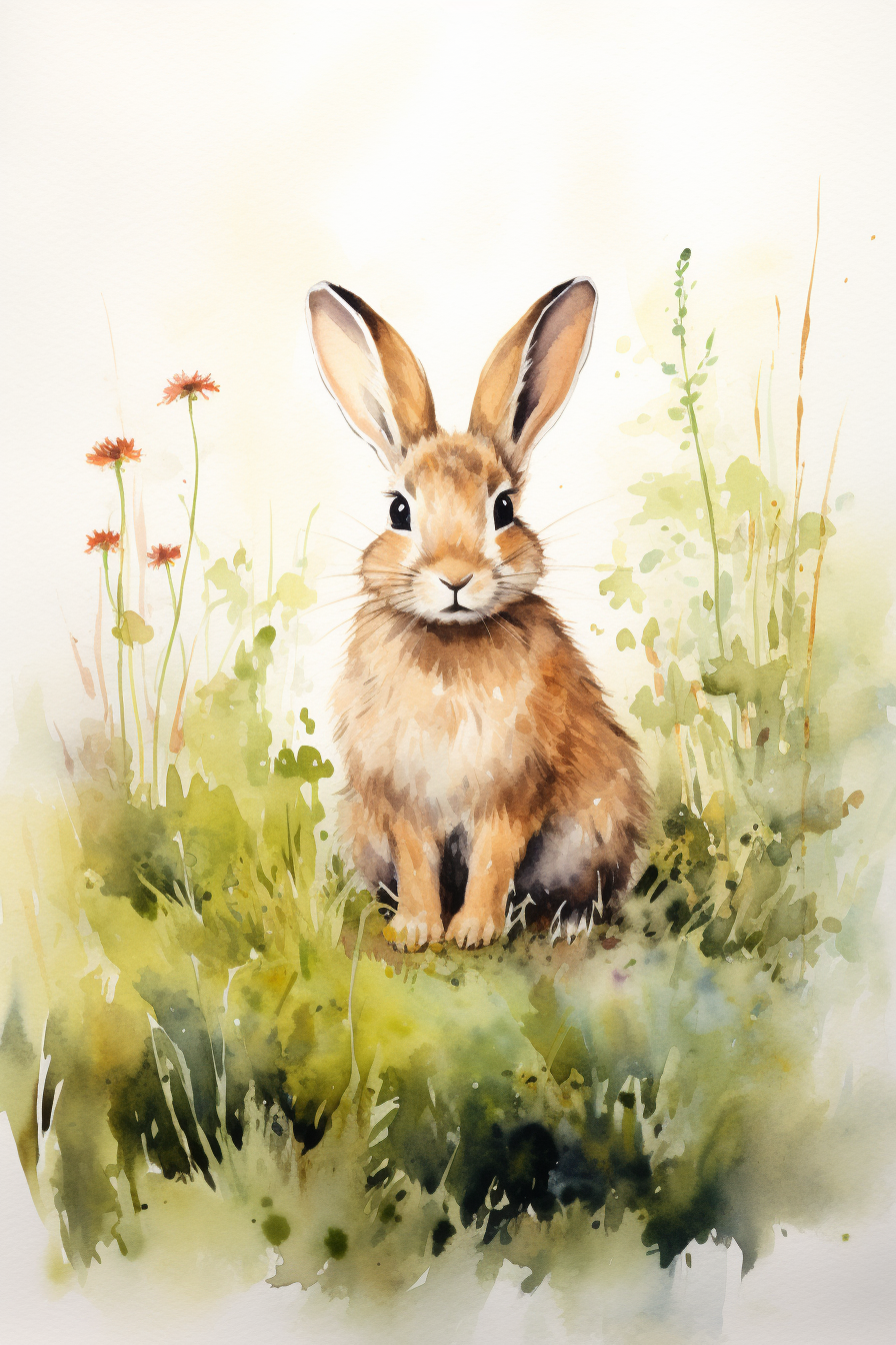A watercolor painting of a rabbit sitting in the grass.