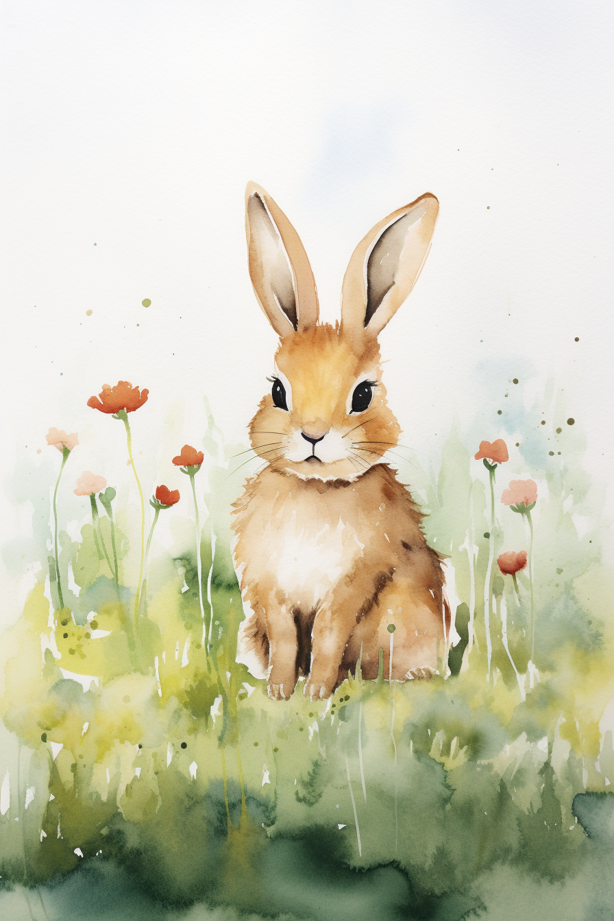 A watercolor painting of a rabbit in a field of flowers.