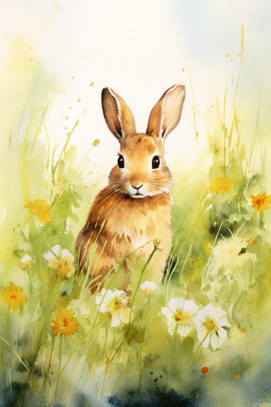 A watercolor painting of a rabbit in a field of daisies.