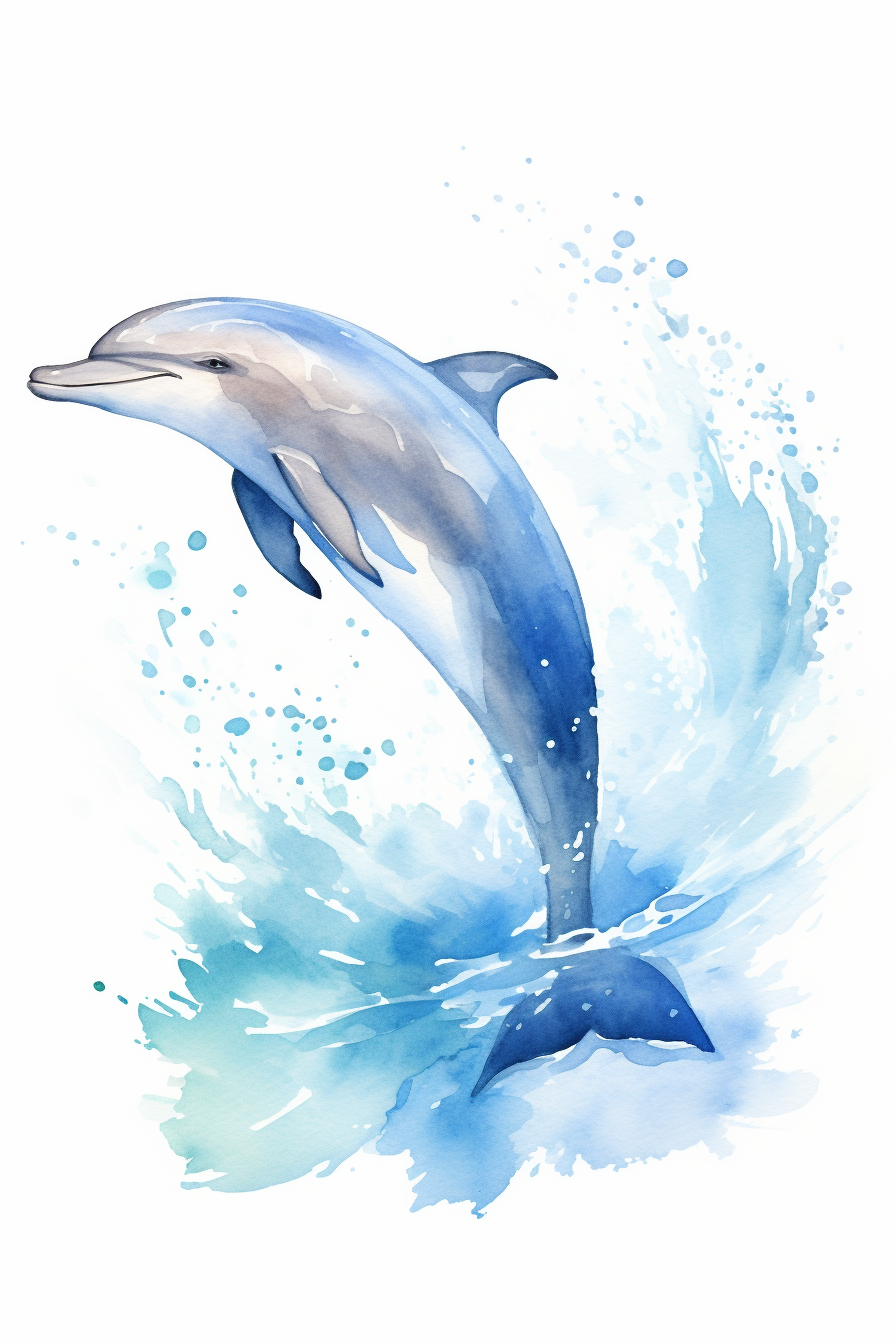A watercolor illustration of a dolphin jumping out of the water.