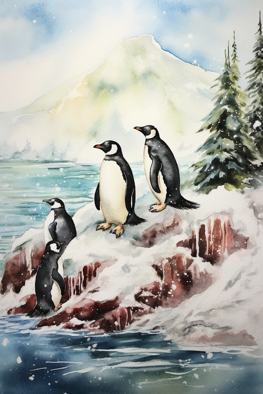A watercolor painting of penguins on a rock.