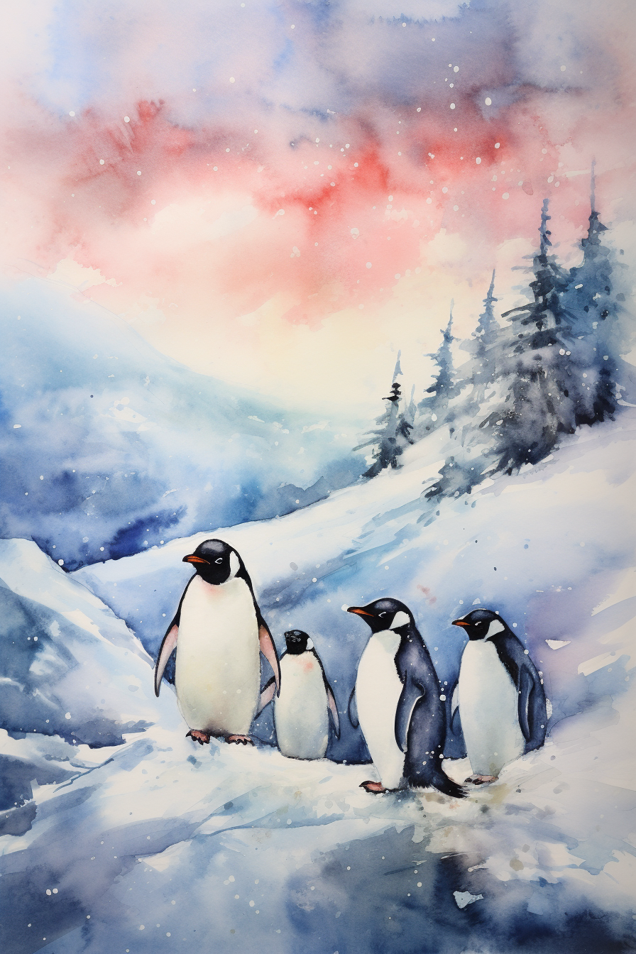 A watercolor painting of penguins in the snow.