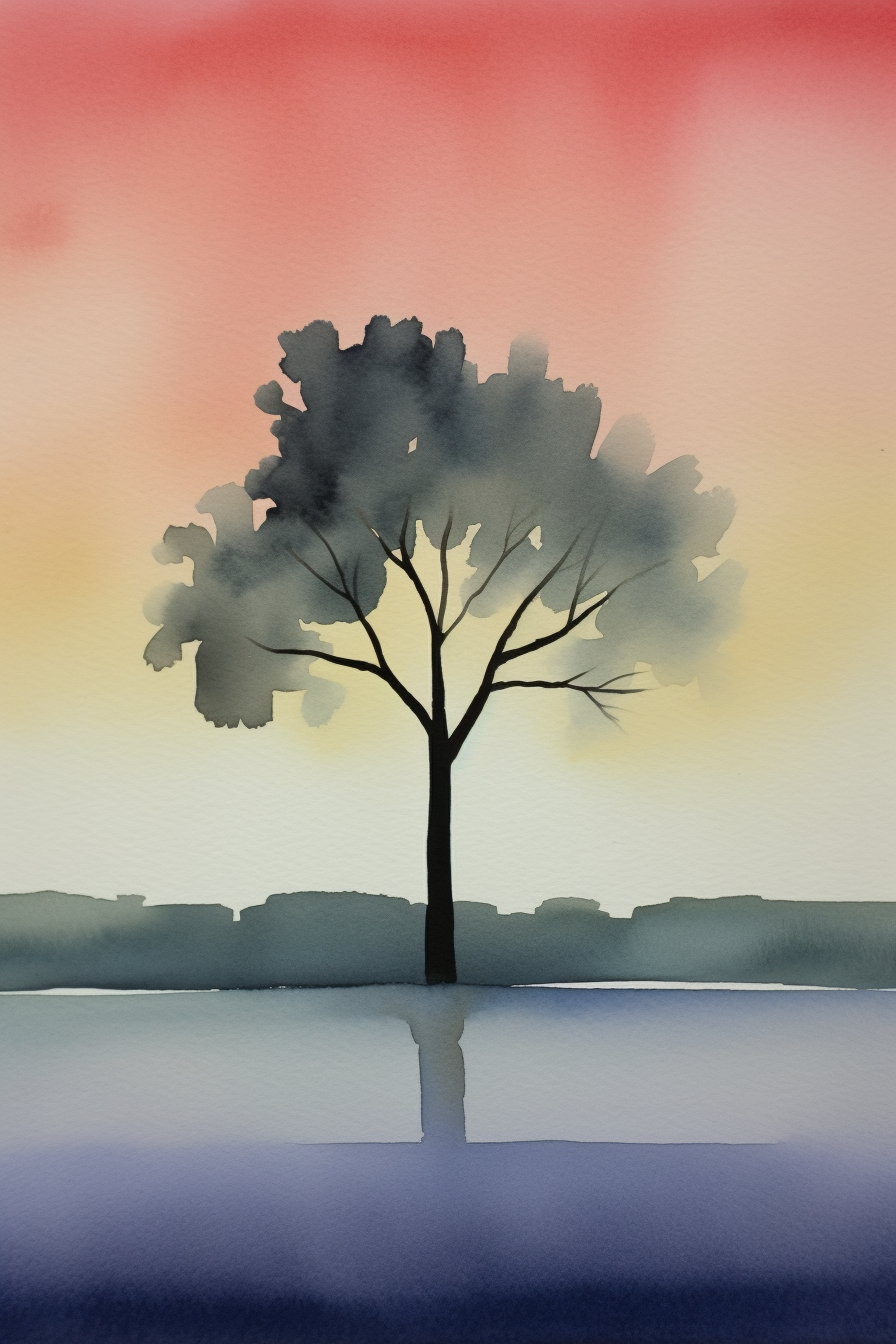 A watercolor painting of a tree at sunset.