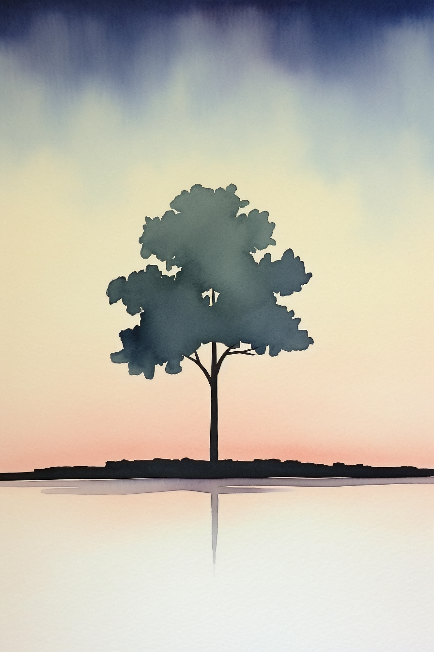A watercolor illustration of a lone tree in the middle of a lake.