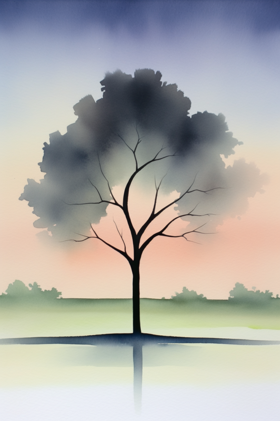 A watercolor painting of a tree with reflection in the water.