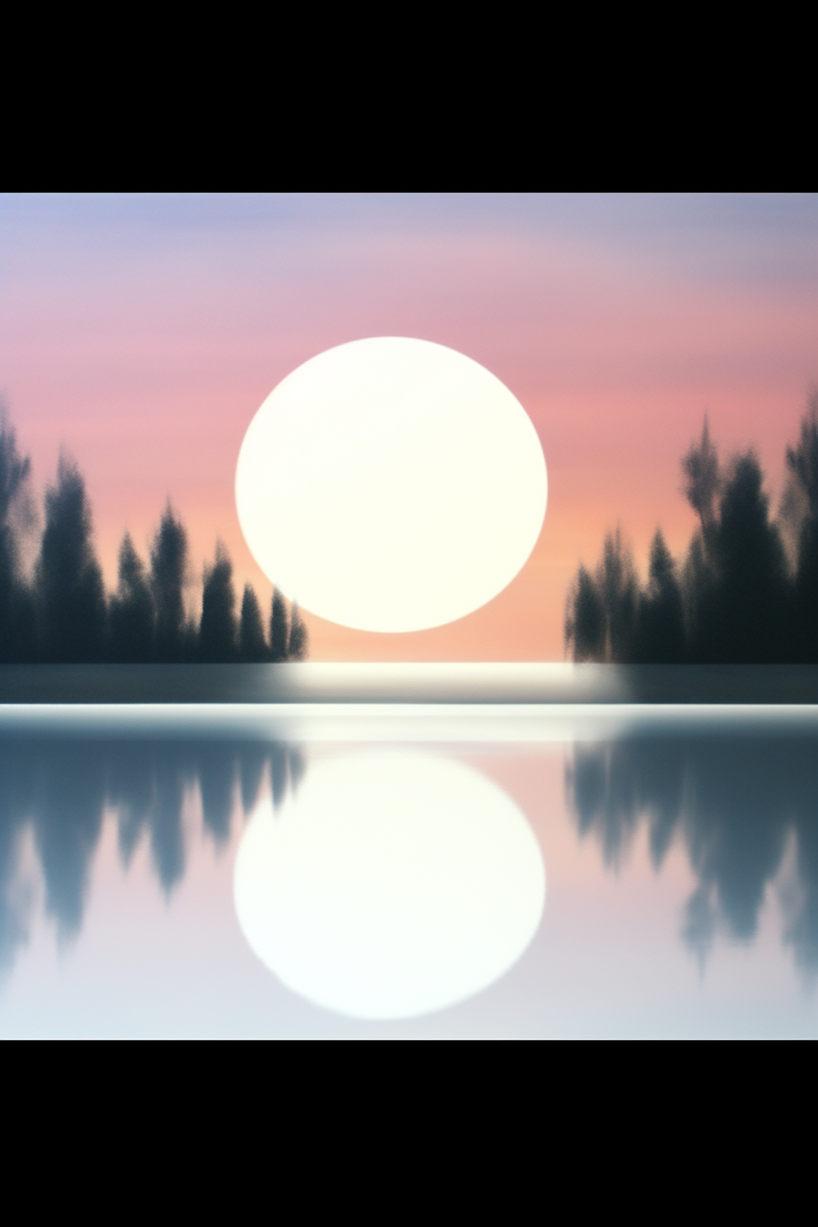 The sun is setting over a lake with trees in the background.