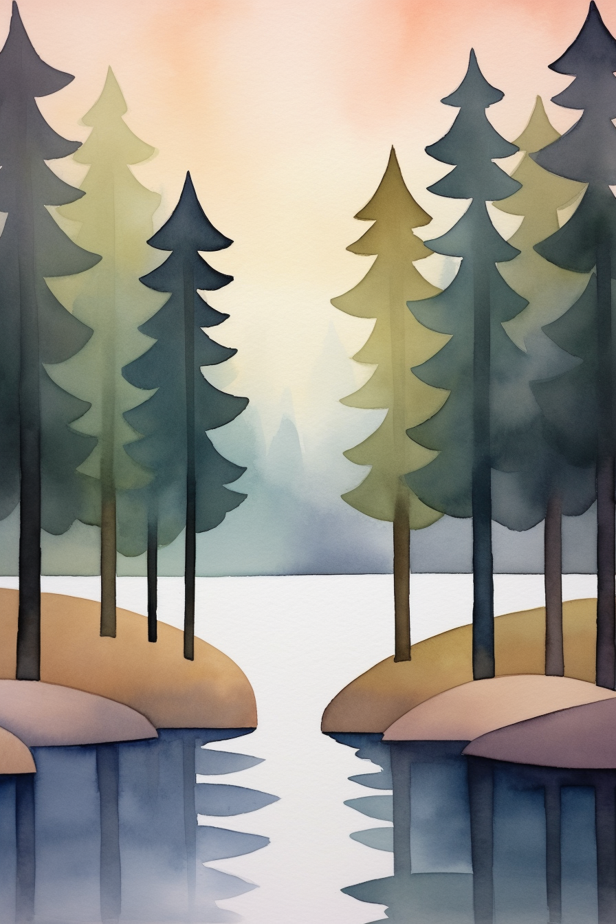 A watercolor painting of trees near a lake.