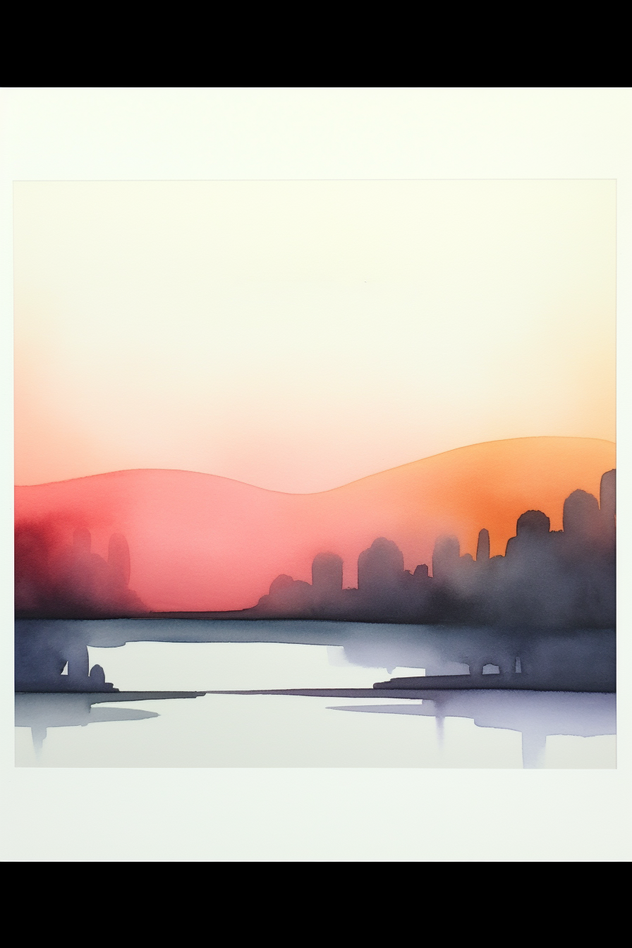 A watercolor painting of a city at sunset.
