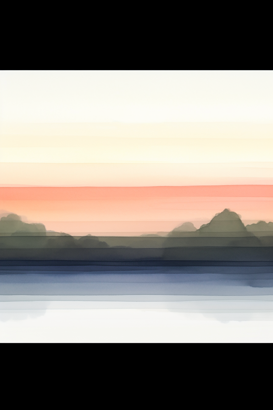A painting of a sunset over a body of water.
