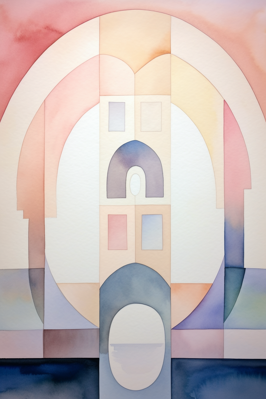 A watercolor painting of a building with a circular shape.