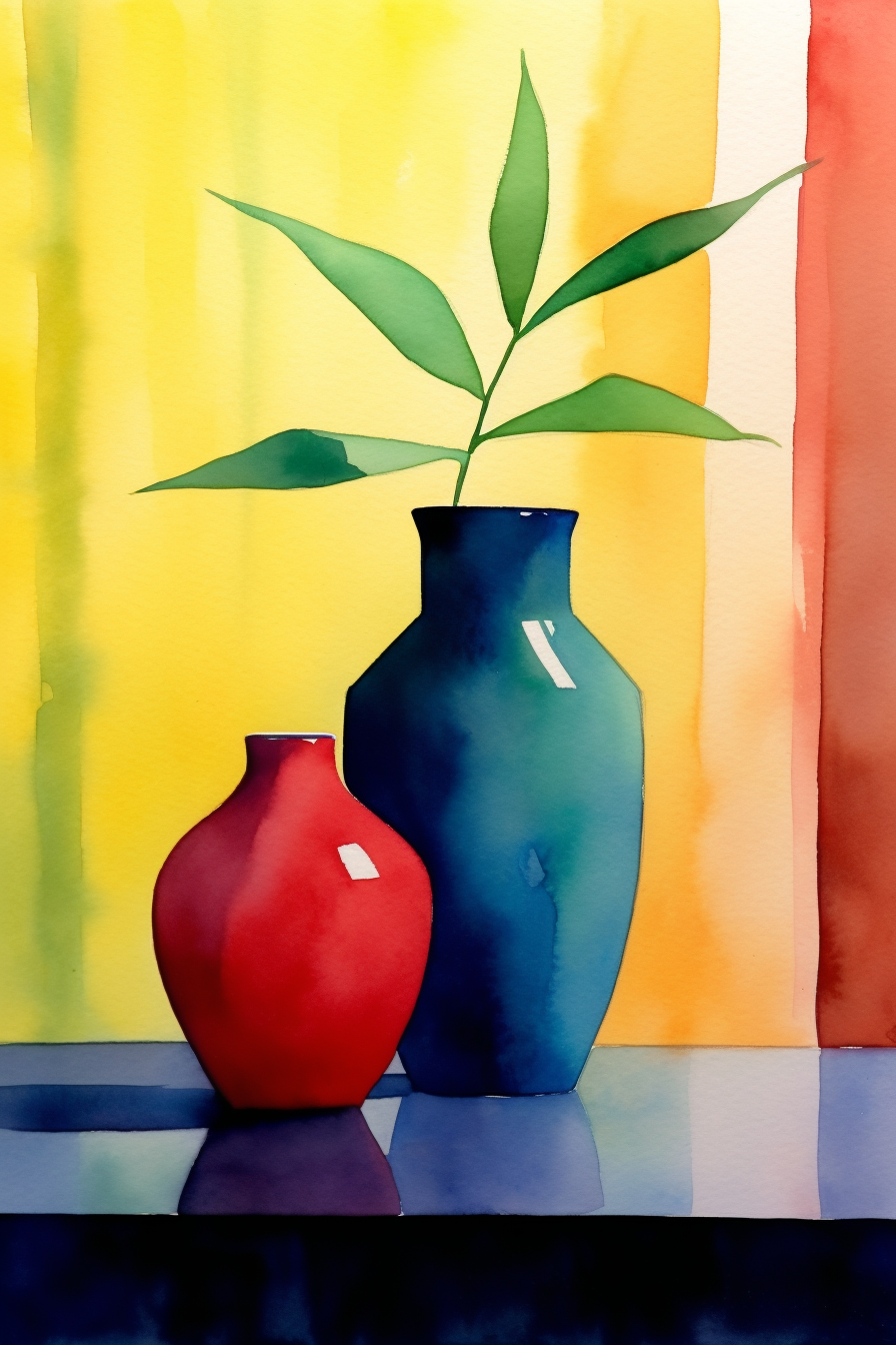 A watercolor painting of two vases and a plant.