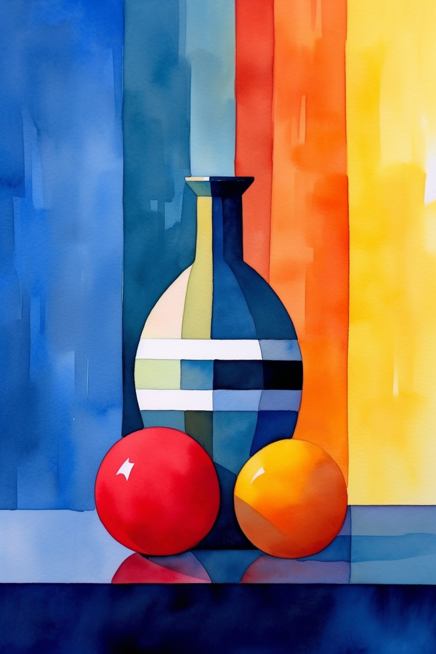 A watercolor painting of a vase and two oranges.
