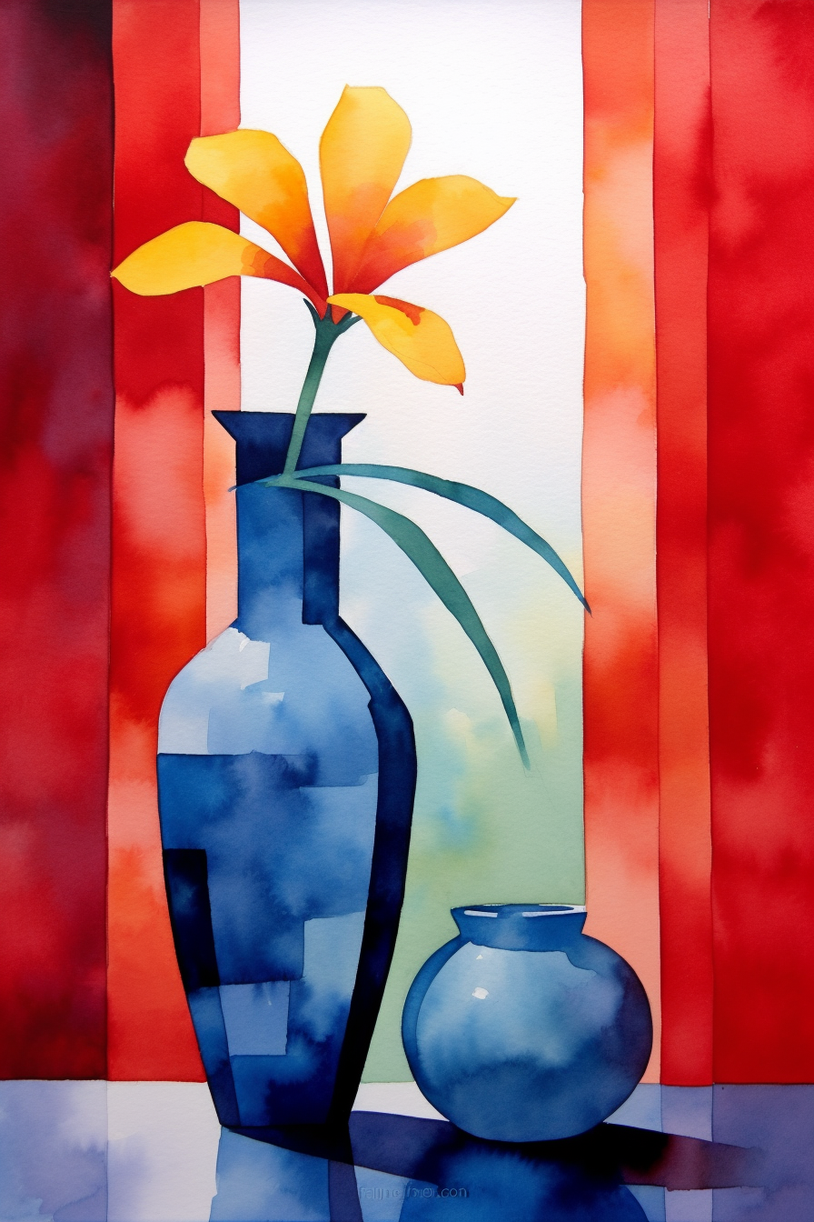 A painting of a vase and a flower.