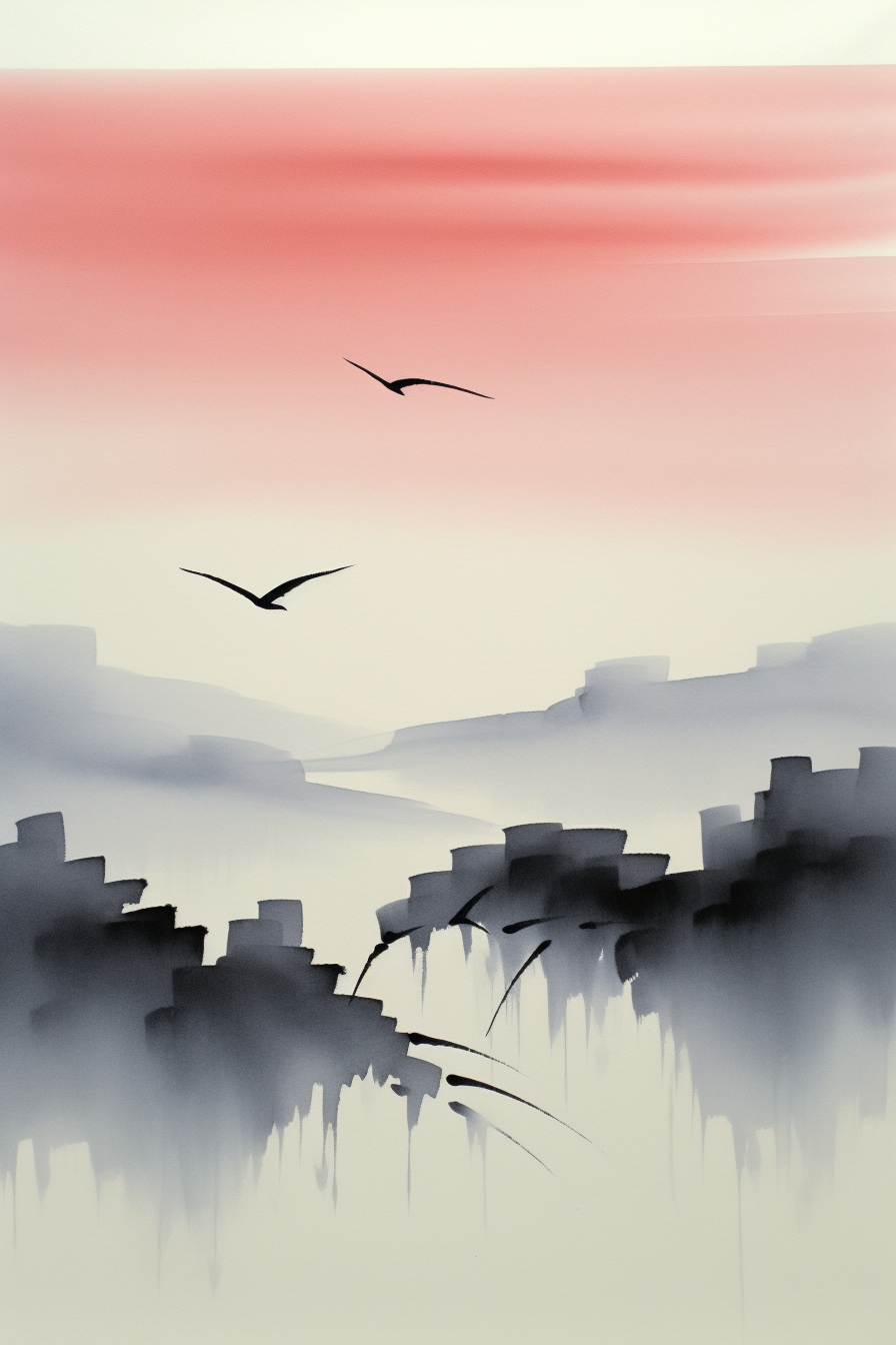A painting of birds flying over a landscape.