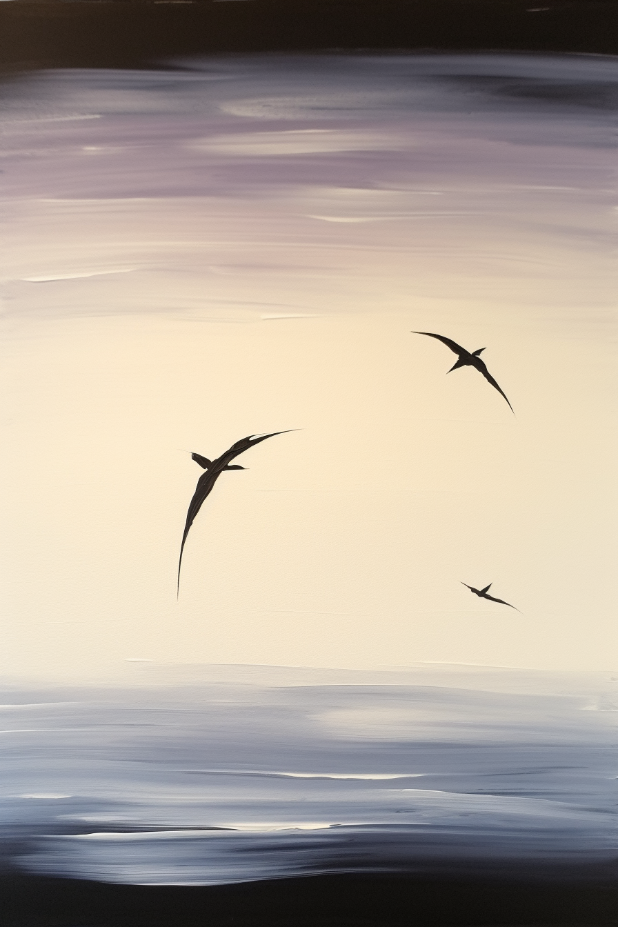 A painting of birds flying over the ocean.